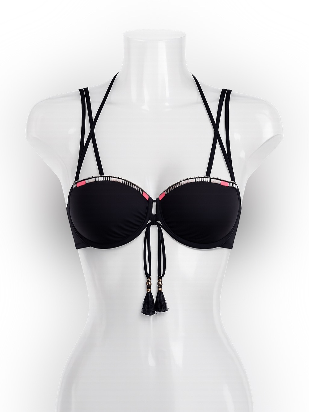 Victoria’s Secret Black Bikini Top 36B Push Up Tassel Halter Strappy